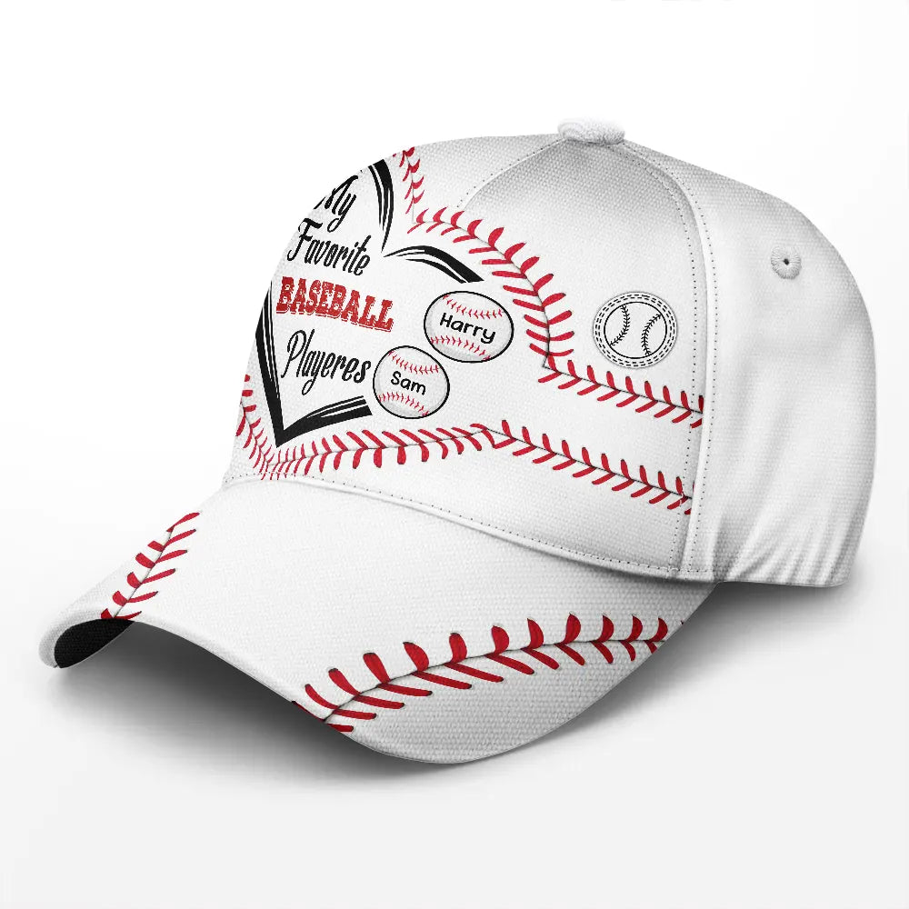 White personalized My Favorite Baseball Players cap, baseball design, polyester-cotton blend, adjustable fit