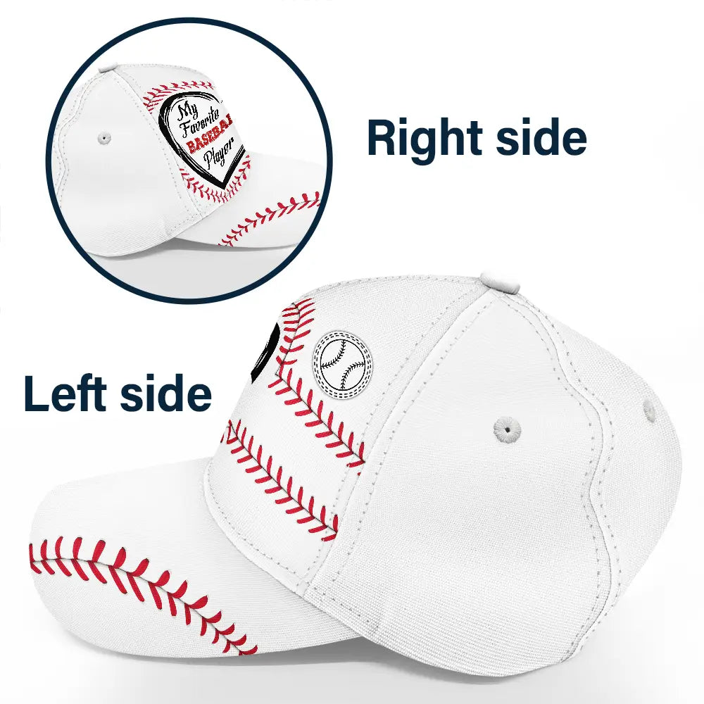 White personalized My Favorite Baseball Players cap with red stitching, polyester-cotton fabric, adjustable.