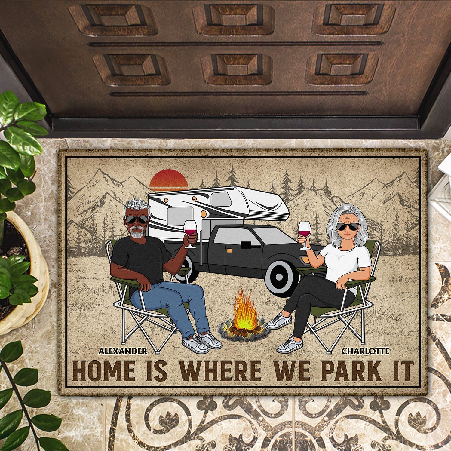 Home Is Where We Park It camping doormat, family gift for camping lovers. Non-slip rubber base.
