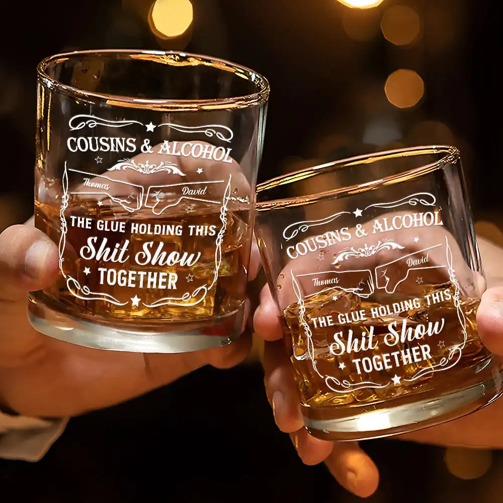 Personalized whiskey glasses with 'Friends & Alcohol The Glue Holding This Shit Show Together' message, glass gifts.