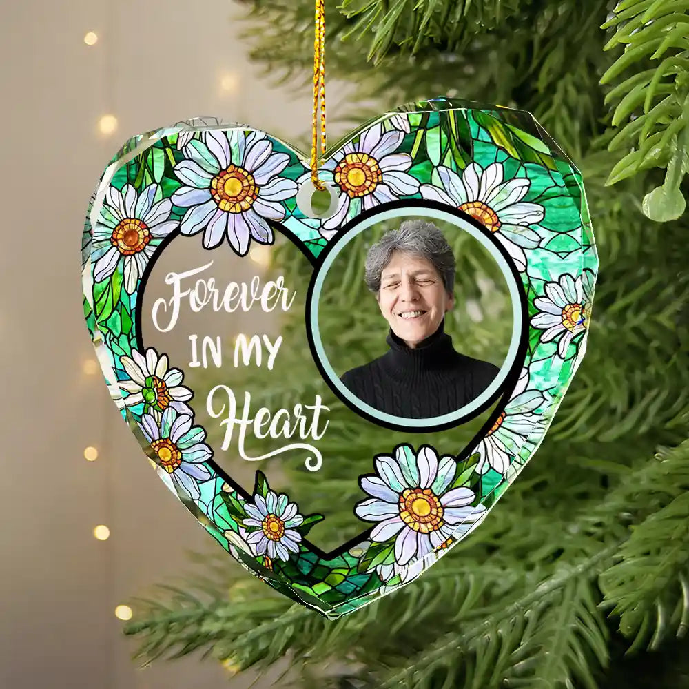Personalized heart-shaped glass ornament with photo and "Forever in my Heart" message, floral design.