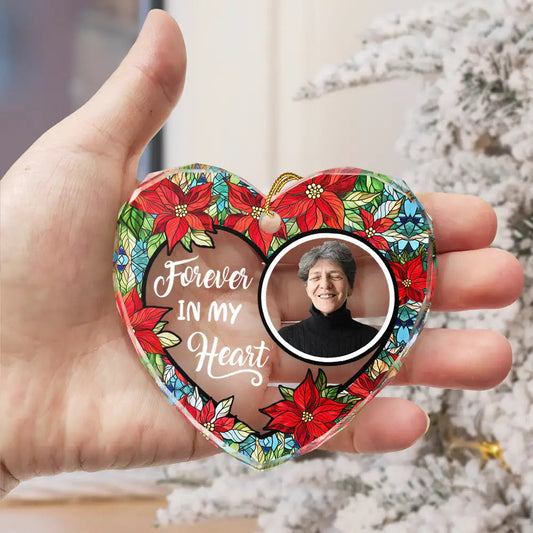 Personalized heart-shaped glass ornament with custom photo and 'Forever in Our Hearts' message, floral design, a keepsake.