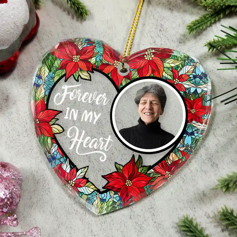 Personalized heart-shaped glass ornament with photo and 'Forever in our Hearts' message, floral design