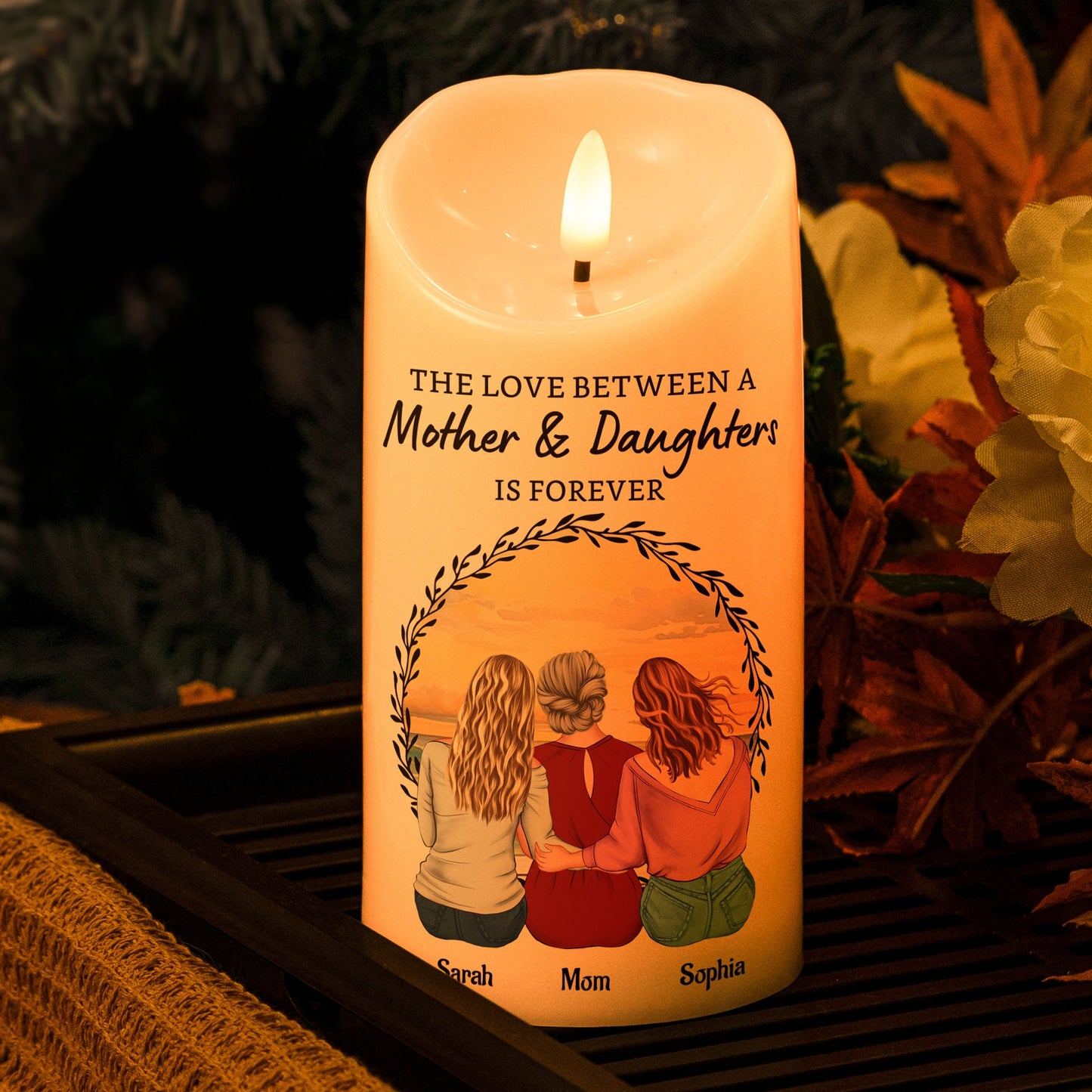 Personalized LED candle for mother & daughter with warm glow and heartfelt message.