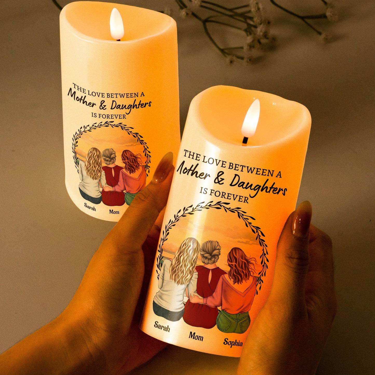Personalized LED candle for mother and daughter, warm glow, flameless, keepsake gift