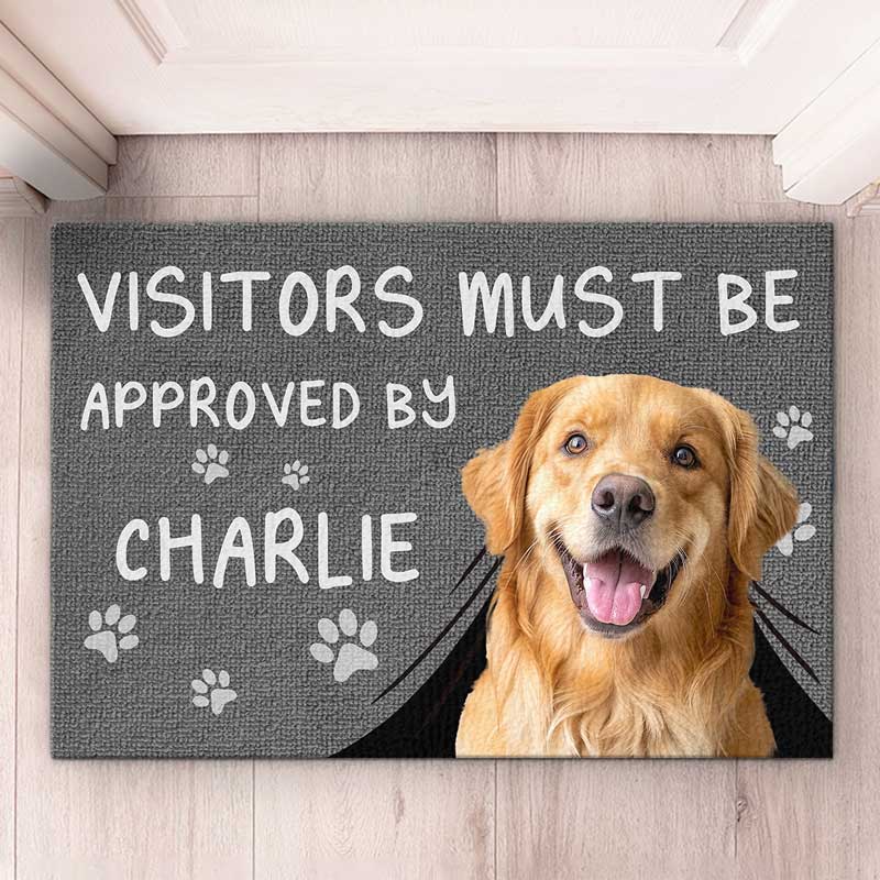 Personalized dog doormat "Visitors Must Be Approved By Charlie", custom housewarming gift.