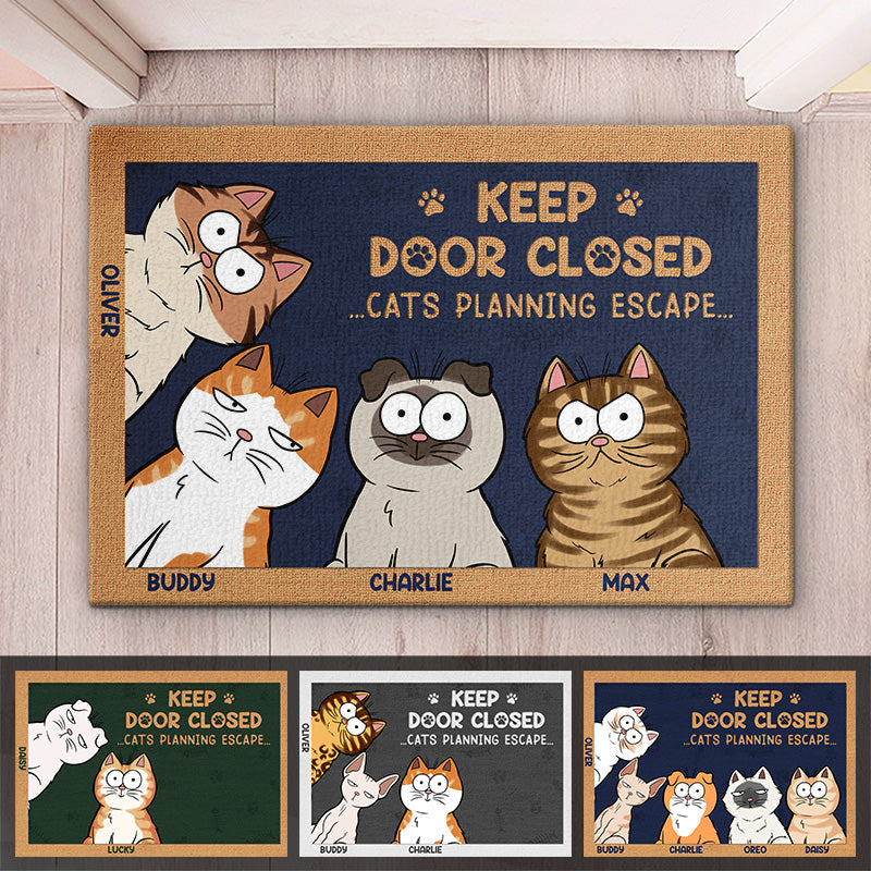 Personalized cat doormat with "Keep Door Closed" message, housewarming gift for pet owners, welcome mat