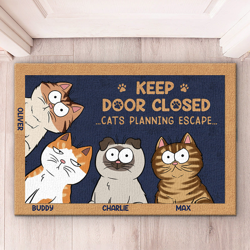 Personalized Keep Door Closed doormat with cat design, a housewarming gift for cat lovers. Custom welcome mat.