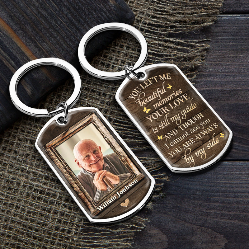 Personalized stainless steel photo keychain with quote 'Though I cannot see you, you're always by my side'