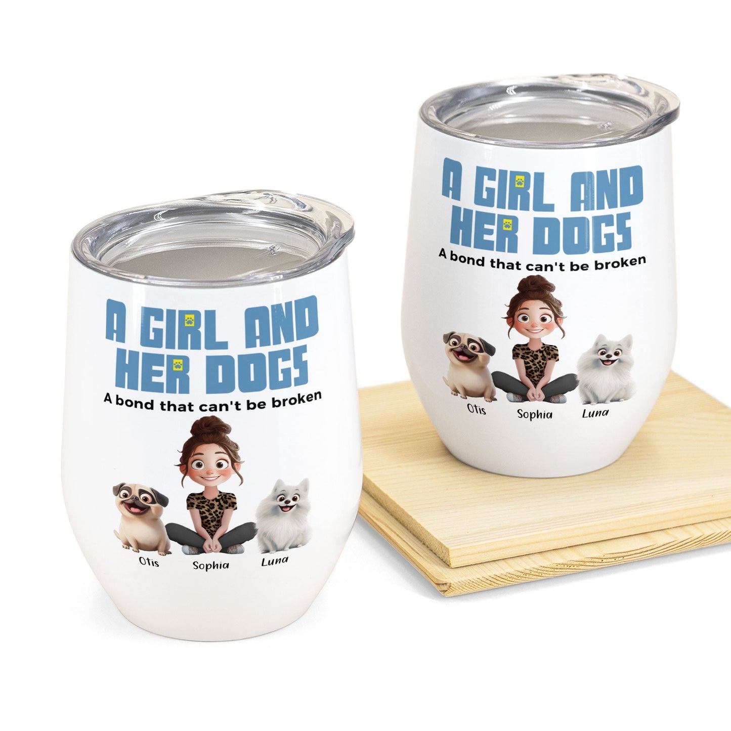 Dog mom gift: Personalized wine tumbler with girl and dog cartoon, stainless steel, 'A Girl and Her Dogs'.