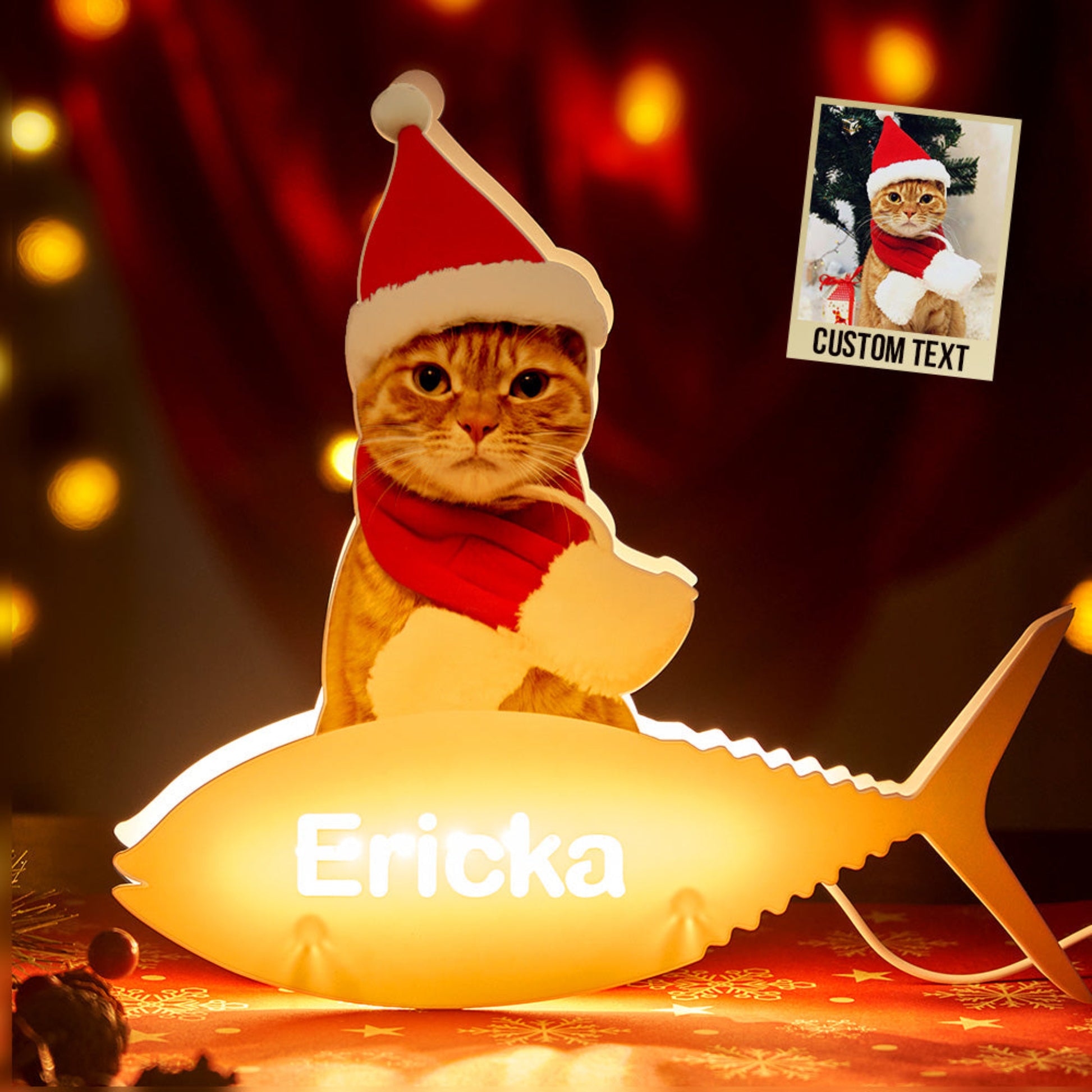 Personalized cat photo night light with Christmas hat and memorial picture, perfect Christmas gift