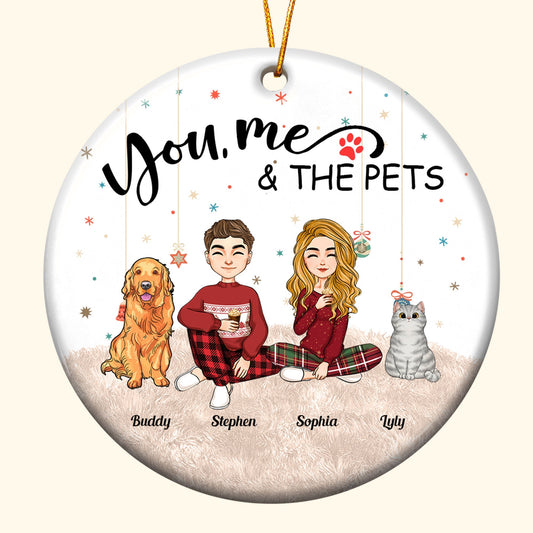Custom 'You, Me & The Pets' ornament. Personalized ceramic Christmas decoration with family names.