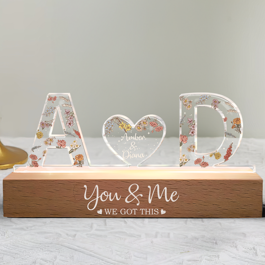 Personalized LED Night Light with A & D initials, 'You & Me We Got This' message, anniversary gift
