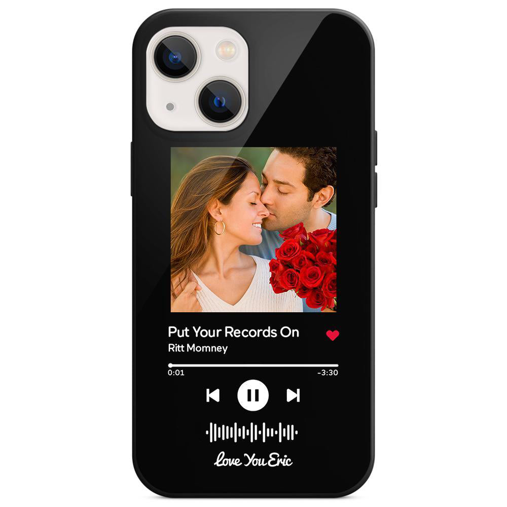 Custom iPhone case with couple photo and scannable music code, black glass
