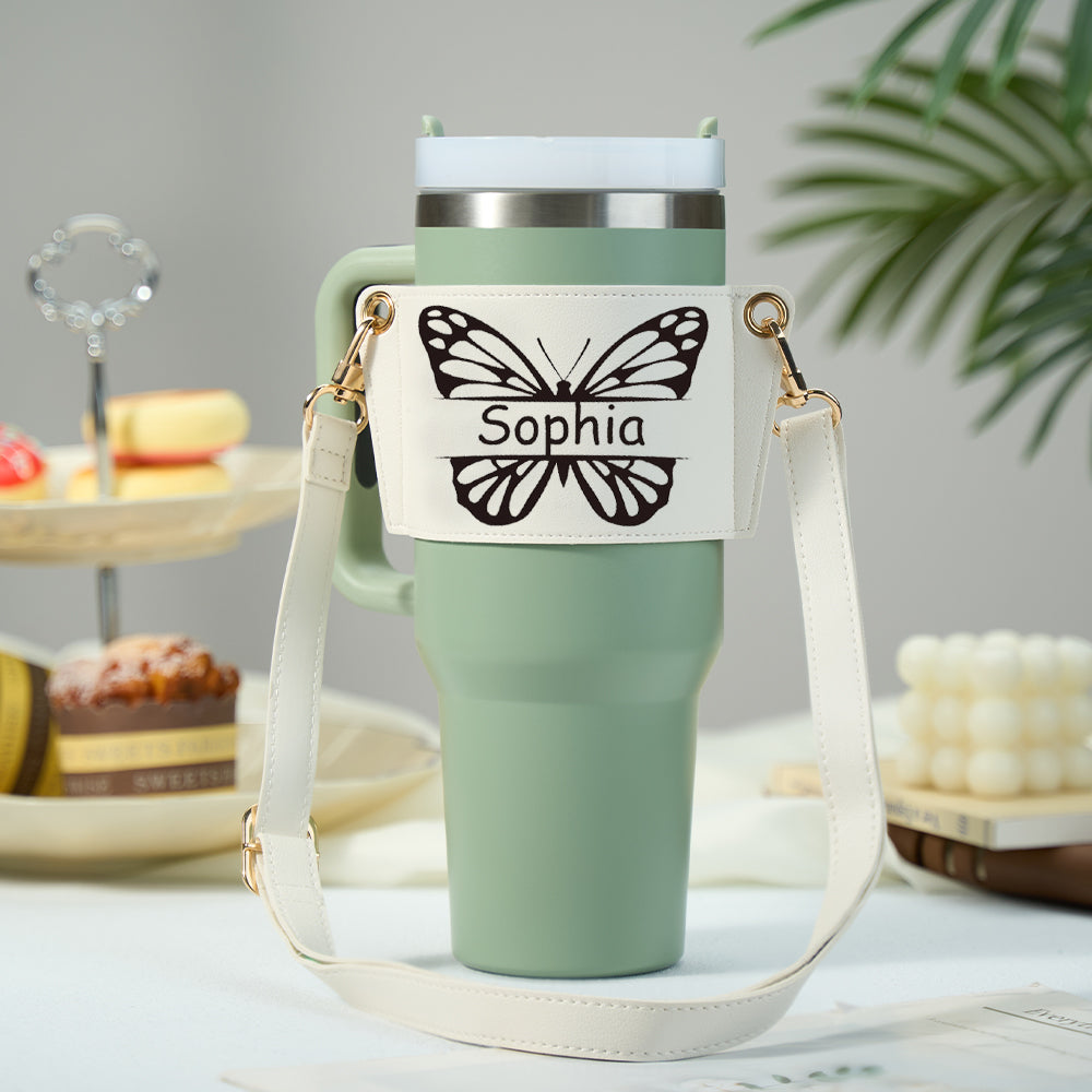Green 40oz Stanley Tumbler with Butterfly Design and Adjustable Strap