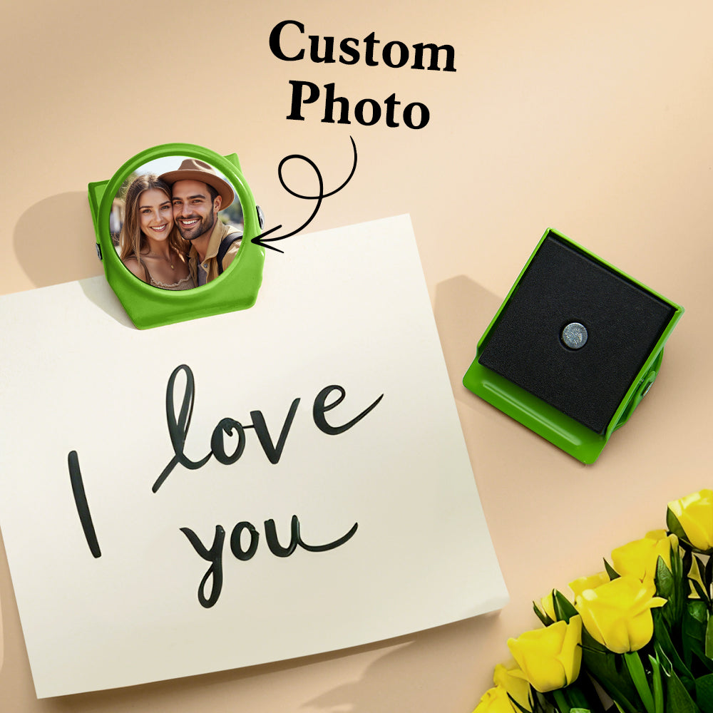 Custom photo metal clip with 'I love you' note, green magnetic clip with photo magnets