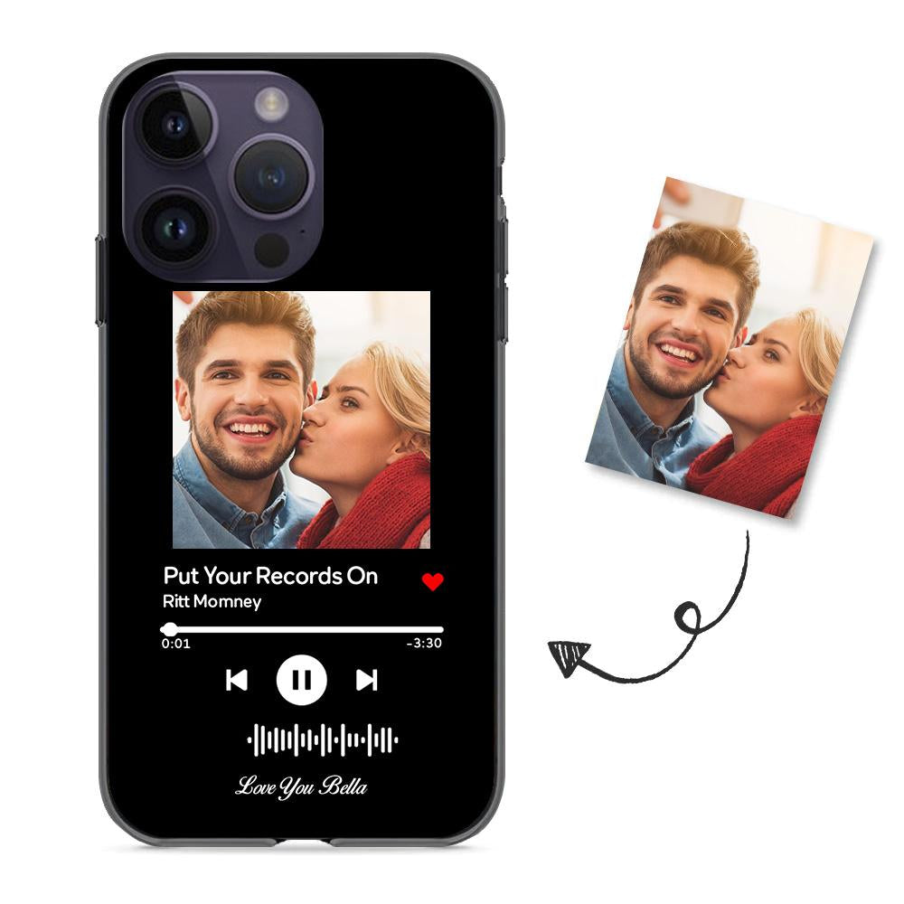 Custom black glass iPhone case with couple photo and music code for "Put Your Records On"