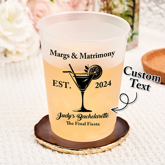 Personalized Margs & Matrimony plastic cup with custom text, perfect for bachelorette parties.