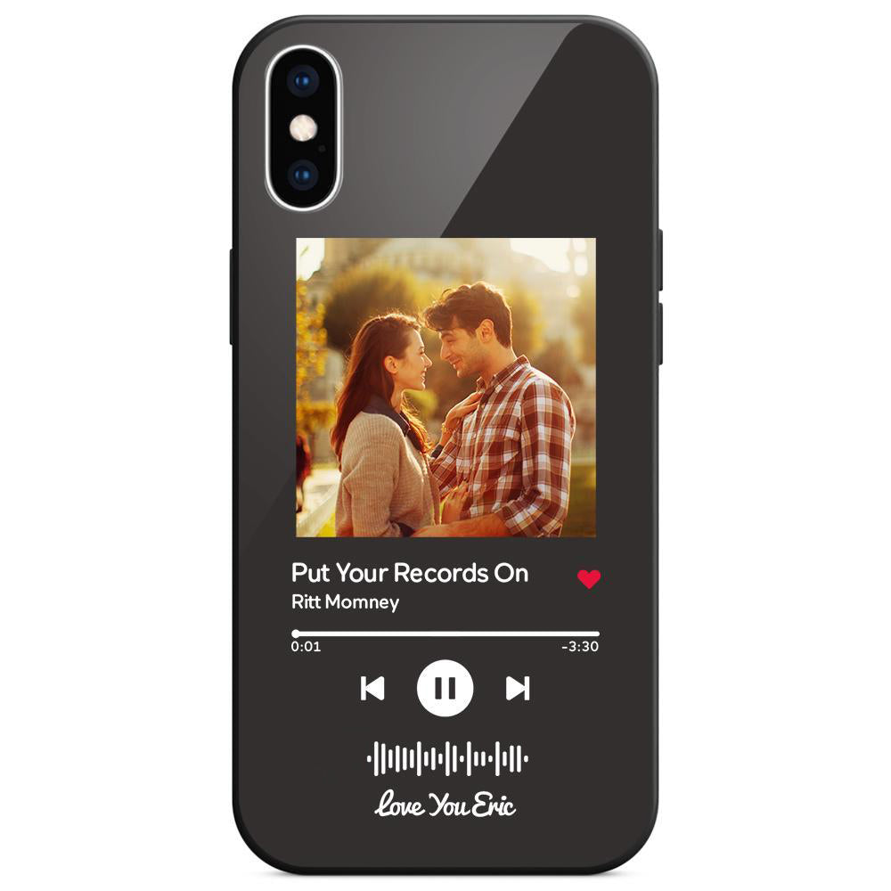 Custom black glass iPhone case with couple photo and scannable music code. Personalized music gift.