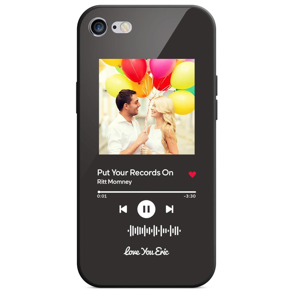 Custom Black Glass iPhone Case with Couple Photo and Scannable Music Code. Personalized music gift.