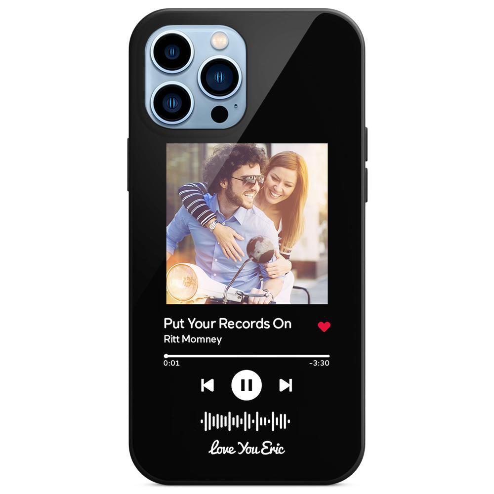 Custom Black Glass iPhone Case with Couple Photo and Scannable Music Code - Personalized Music Gift