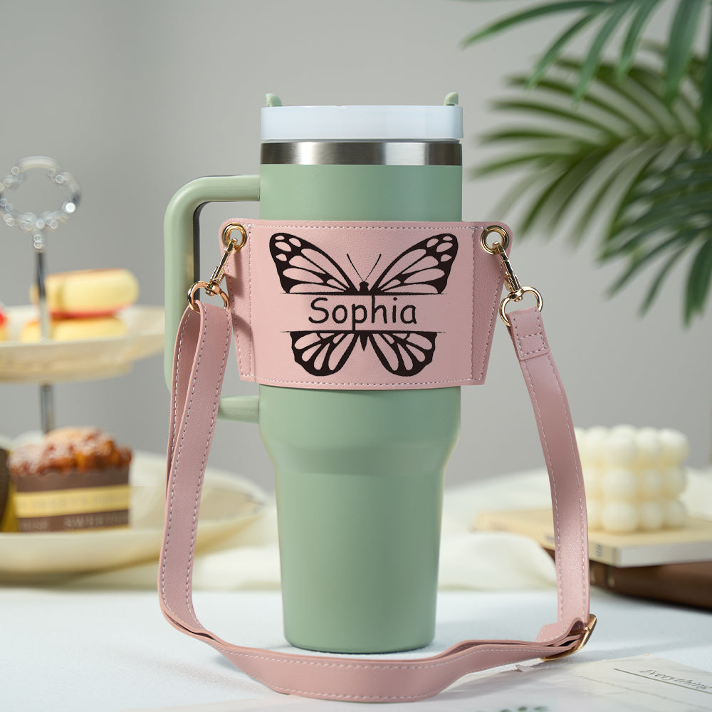 Personalized pink butterfly water bottle carrier bag for 40oz Stanley tumbler with adjustable strap