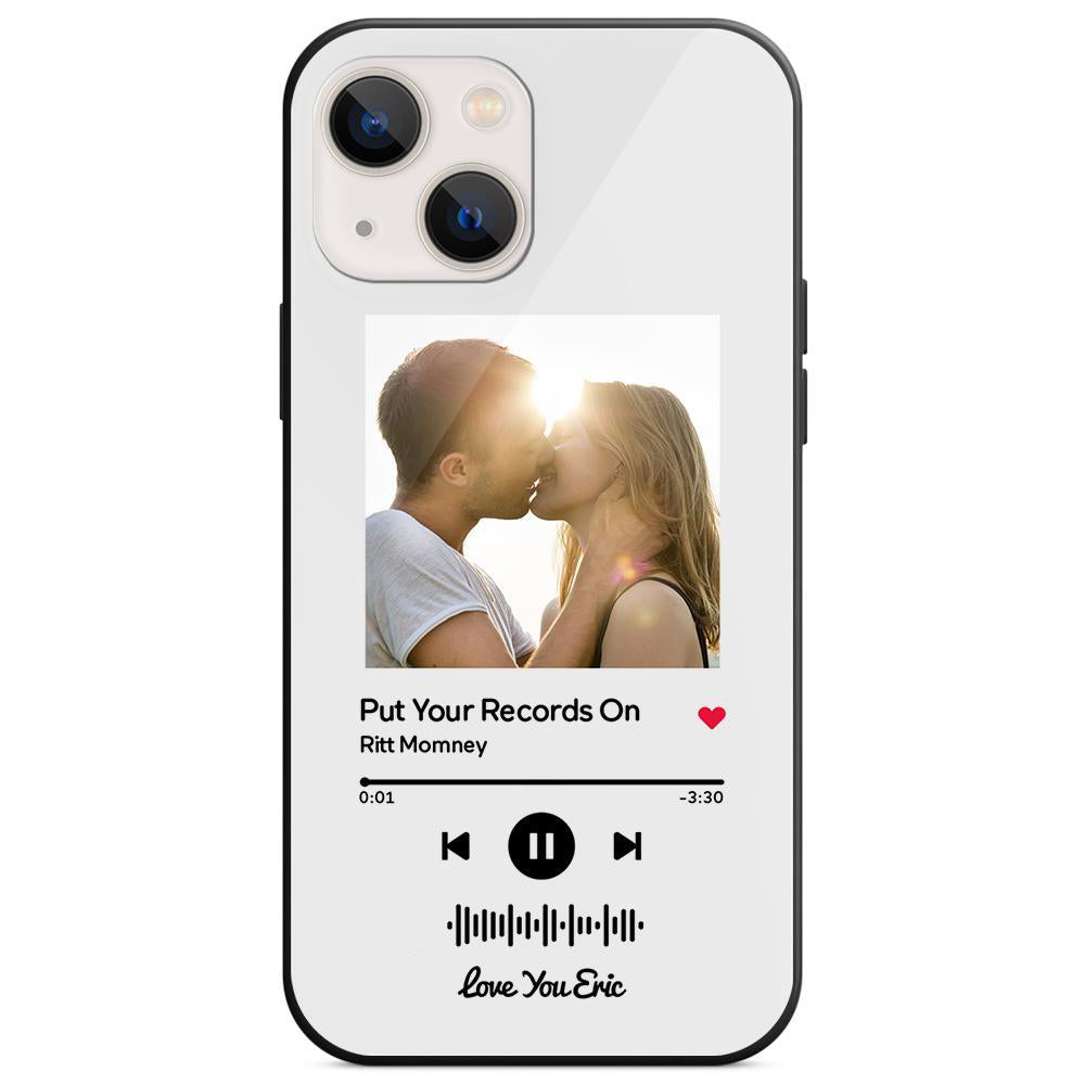 Custom glass iPhone case with couple photo and scannable music code. Personalized music gift.