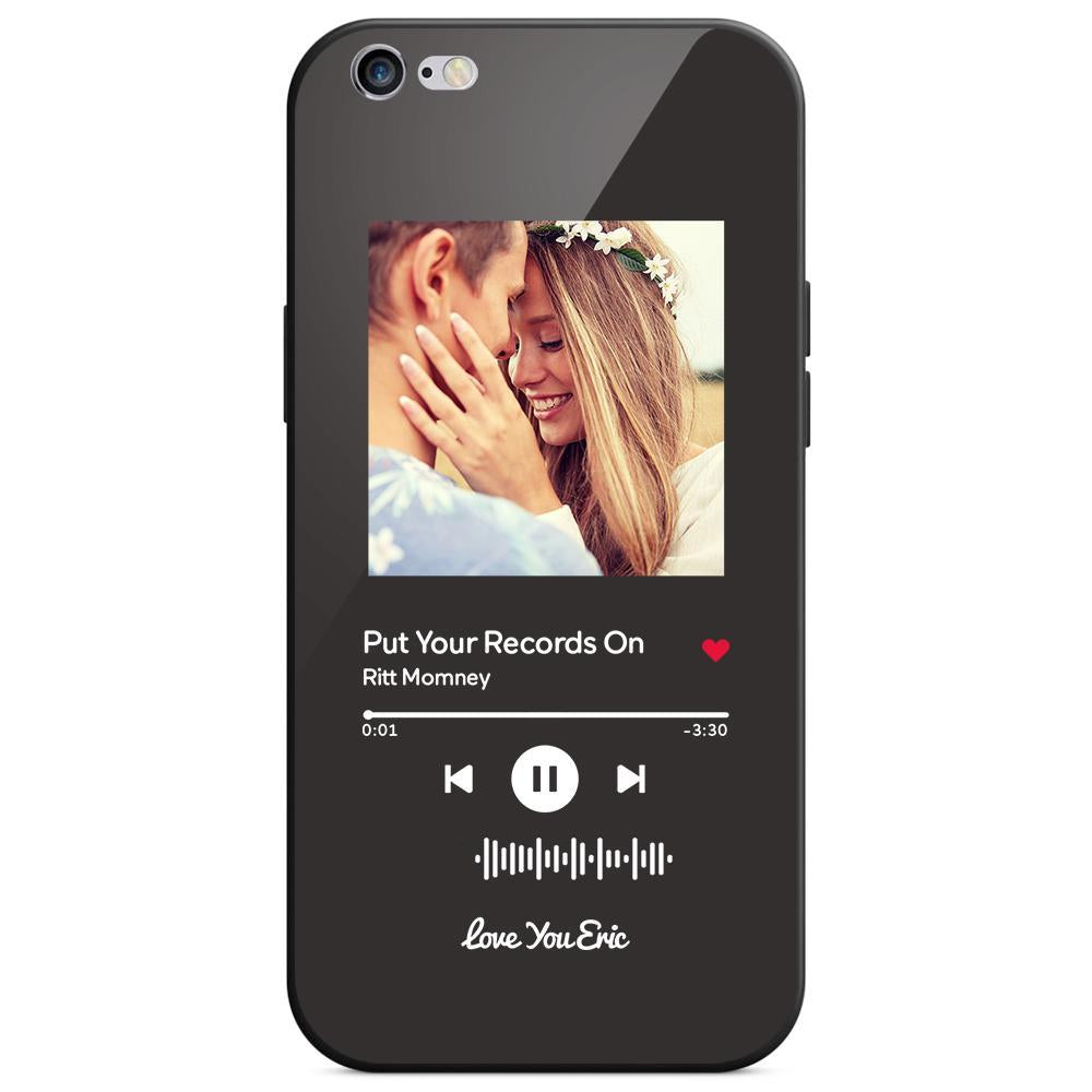 Custom iPhone case: couple photo, scannable music code, black glass, personalized gift.