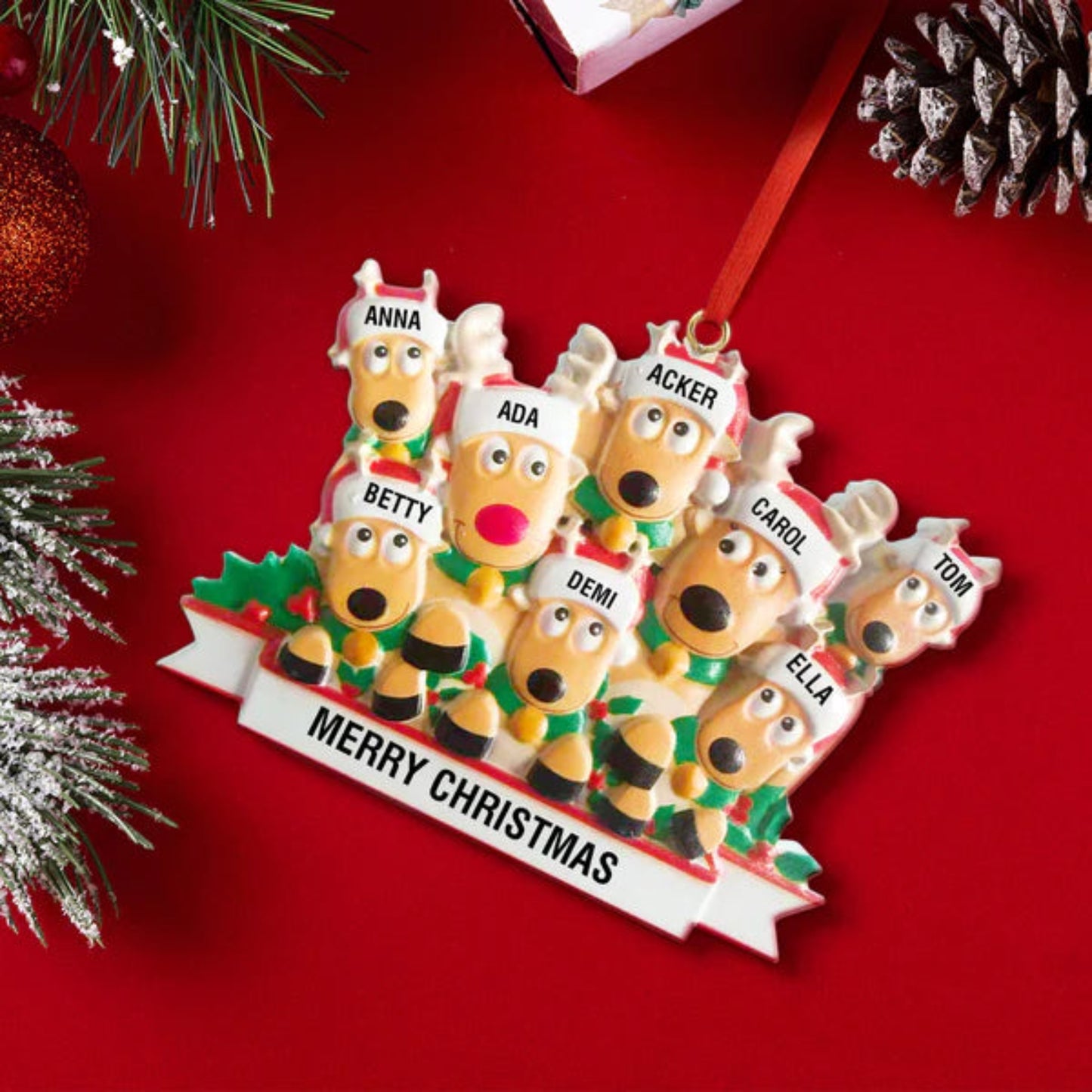 Personalized Reindeer Family Christmas Ornament with Custom Names, Resin Christmas Decoration, Merry Christmas text