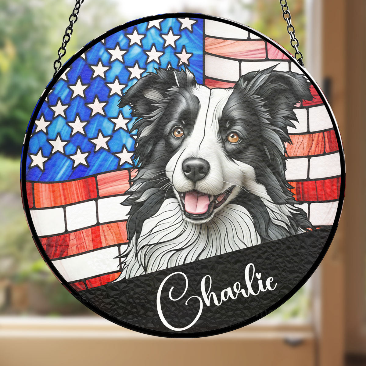 Custom Portrait Dog America Suncatcher with Charlie, American flag background.