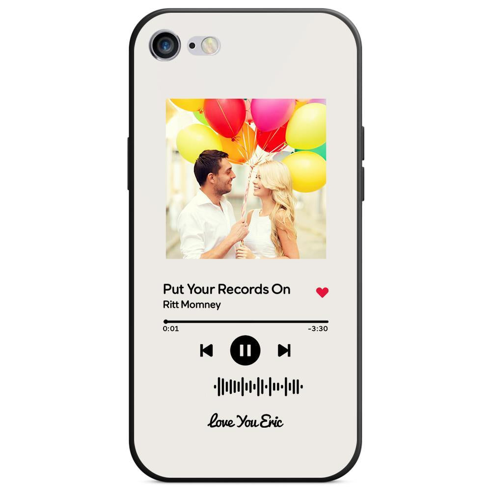 Custom white glass iPhone case with couple photo and "Put Your Records On" music code for iPhone.