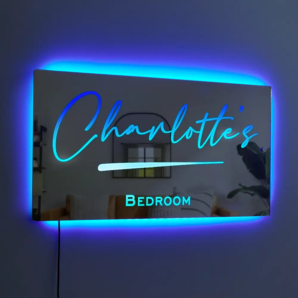 Personalized name mirror with blue LED lights, "Charlottes" bedroom decor, acrylic safety mirror, perfect gift