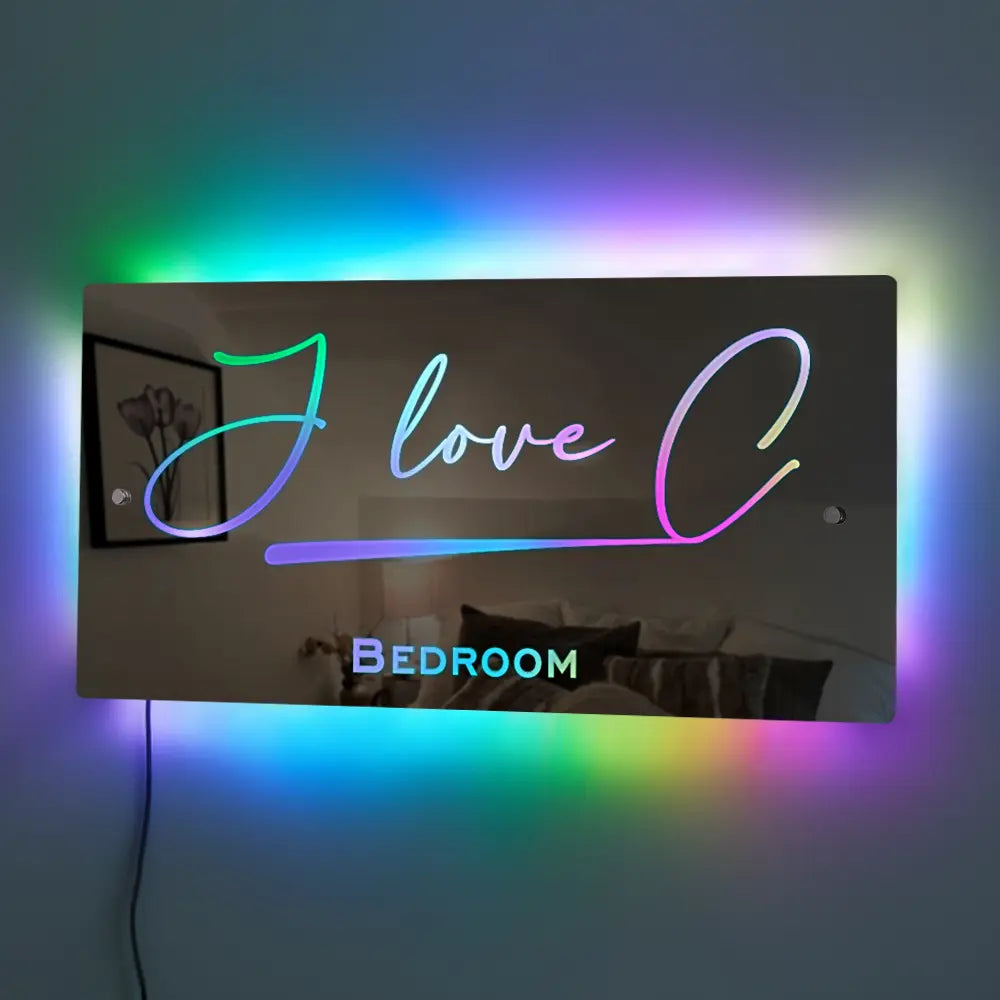 Personalised LED Name Mirror with "I love C" design and color-changing lights, perfect bedroom decor