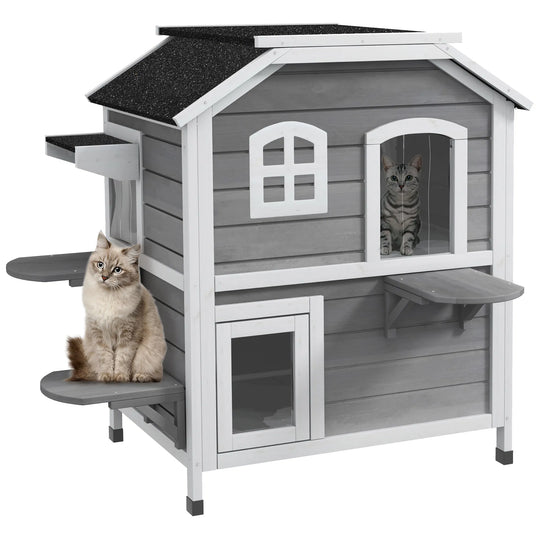 Two-Storey Wooden Outdoor Cat House – Grey