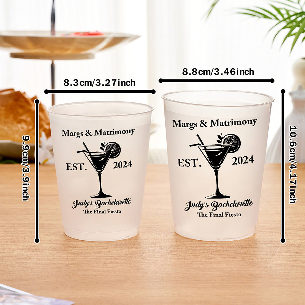 Margs & Matrimony personalized plastic cups for bachelorette party, cocktail design, Est. 2024.