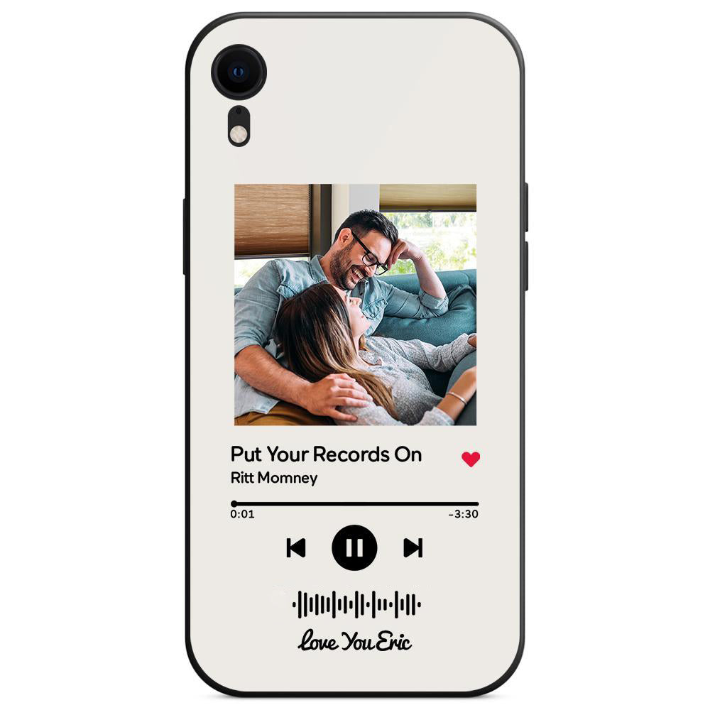 Custom white glass iPhone case with couple photo and music code for "Put Your Records On" song.