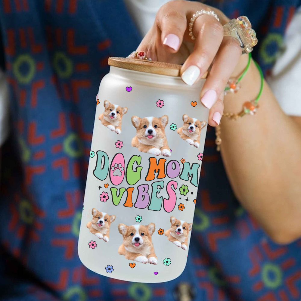 Dog Mom Vibes personalized frosted glass bottle with bamboo lid, perfect gift for dog lovers