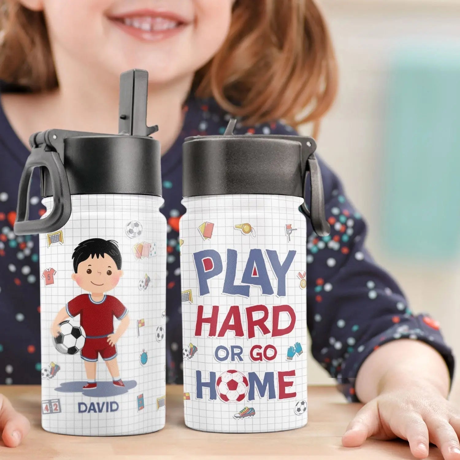 Personalized Kids Water Bottle With Straw Lid - Ice Soccer Play Hard Or Go Home - Piryoung Shop