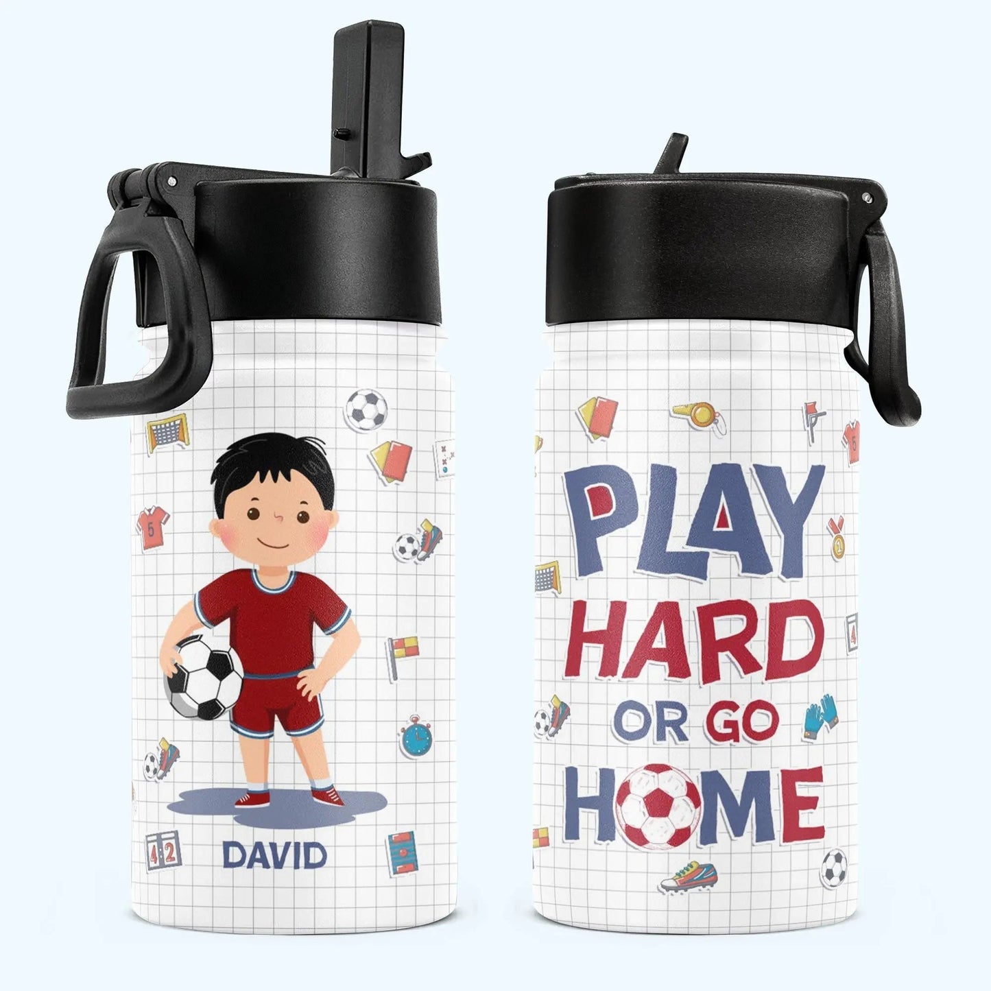 Personalized Kids Water Bottle With Straw Lid - Ice Soccer Play Hard Or Go Home - Piryoung Shop