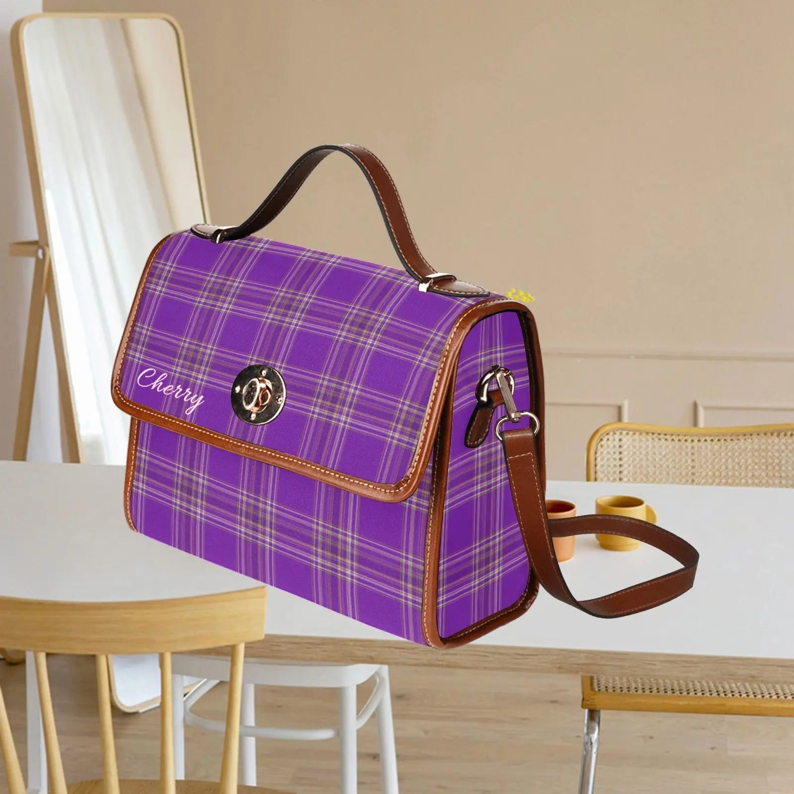 Personalized Waterproof Canvas Shoulder Strap Bag Tartan - Piryoung Shop