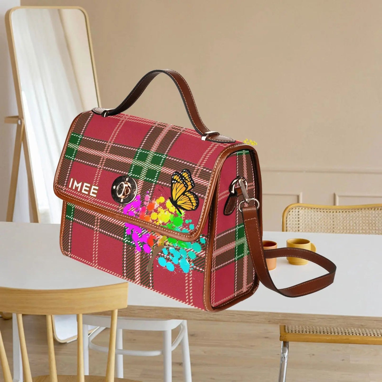 Personalized Waterproof Canvas Shoulder Strap Bag Tartan Art Flower with Butterfly - Piryoung Shop