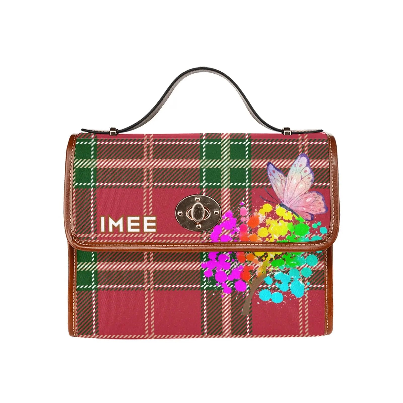 Personalized Waterproof Canvas Shoulder Strap Bag Tartan Art Flower with Butterfly - Piryoung Shop
