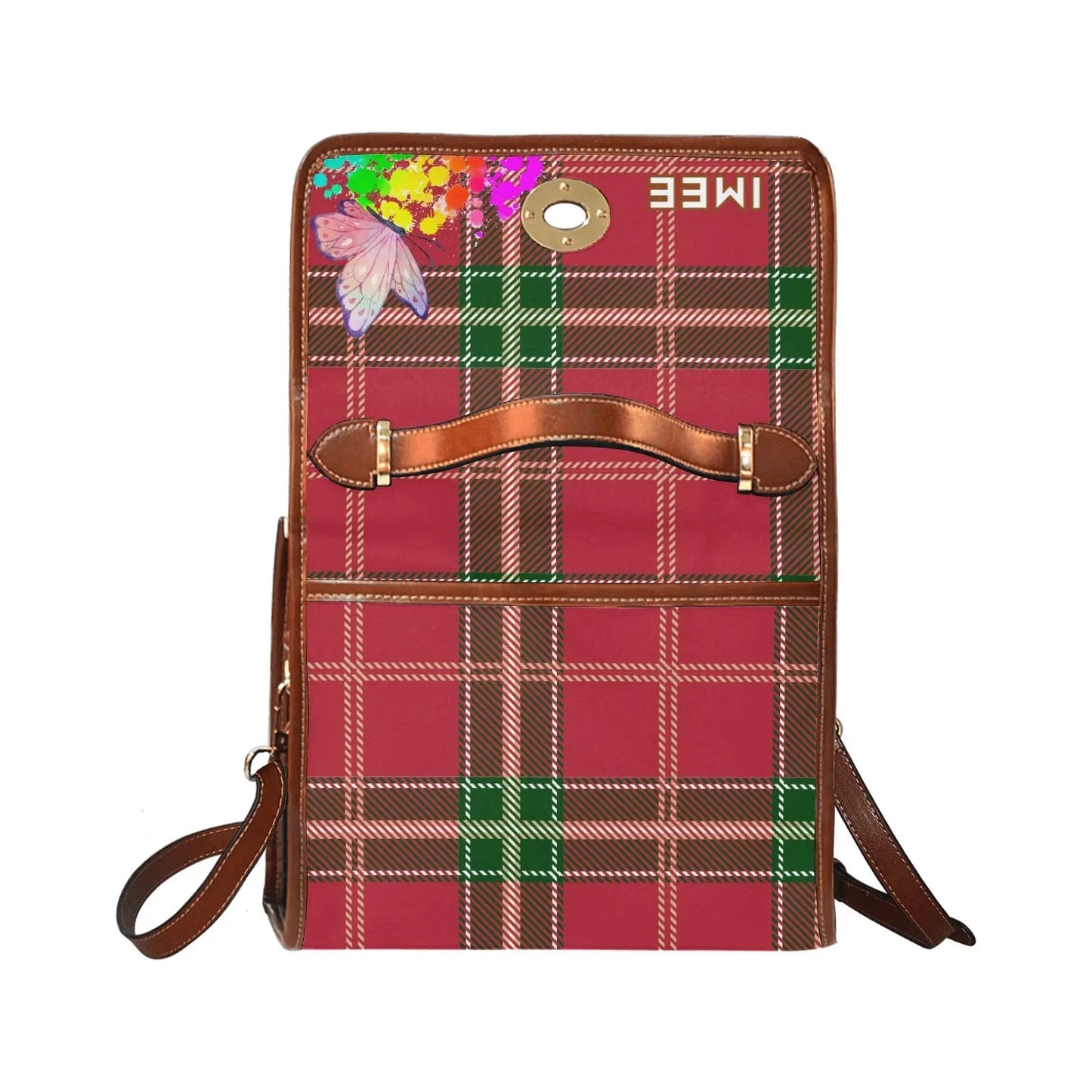 Personalized Waterproof Canvas Shoulder Strap Bag Tartan Art Flower with Butterfly - Piryoung Shop