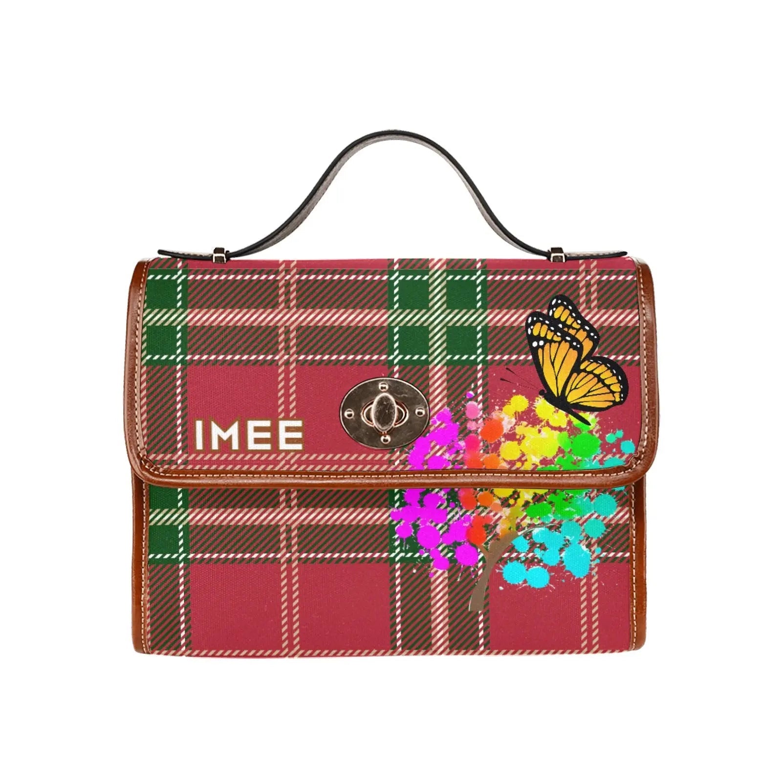 Personalized Waterproof Canvas Shoulder Strap Bag Tartan Art Flower with Butterfly - Piryoung Shop