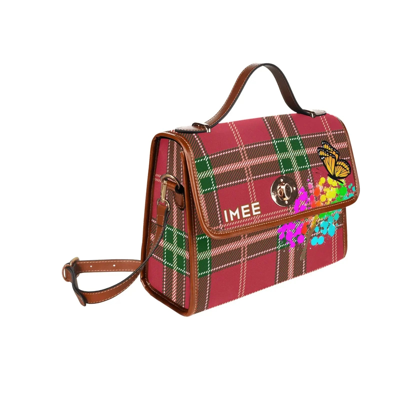 Personalized Waterproof Canvas Shoulder Strap Bag Tartan Art Flower with Butterfly - Piryoung Shop
