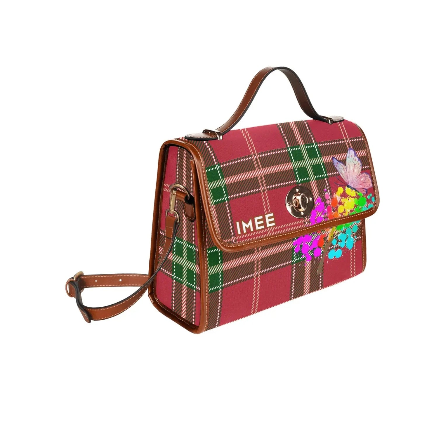 Personalized Waterproof Canvas Shoulder Strap Bag Tartan Art Flower with Butterfly - Piryoung Shop