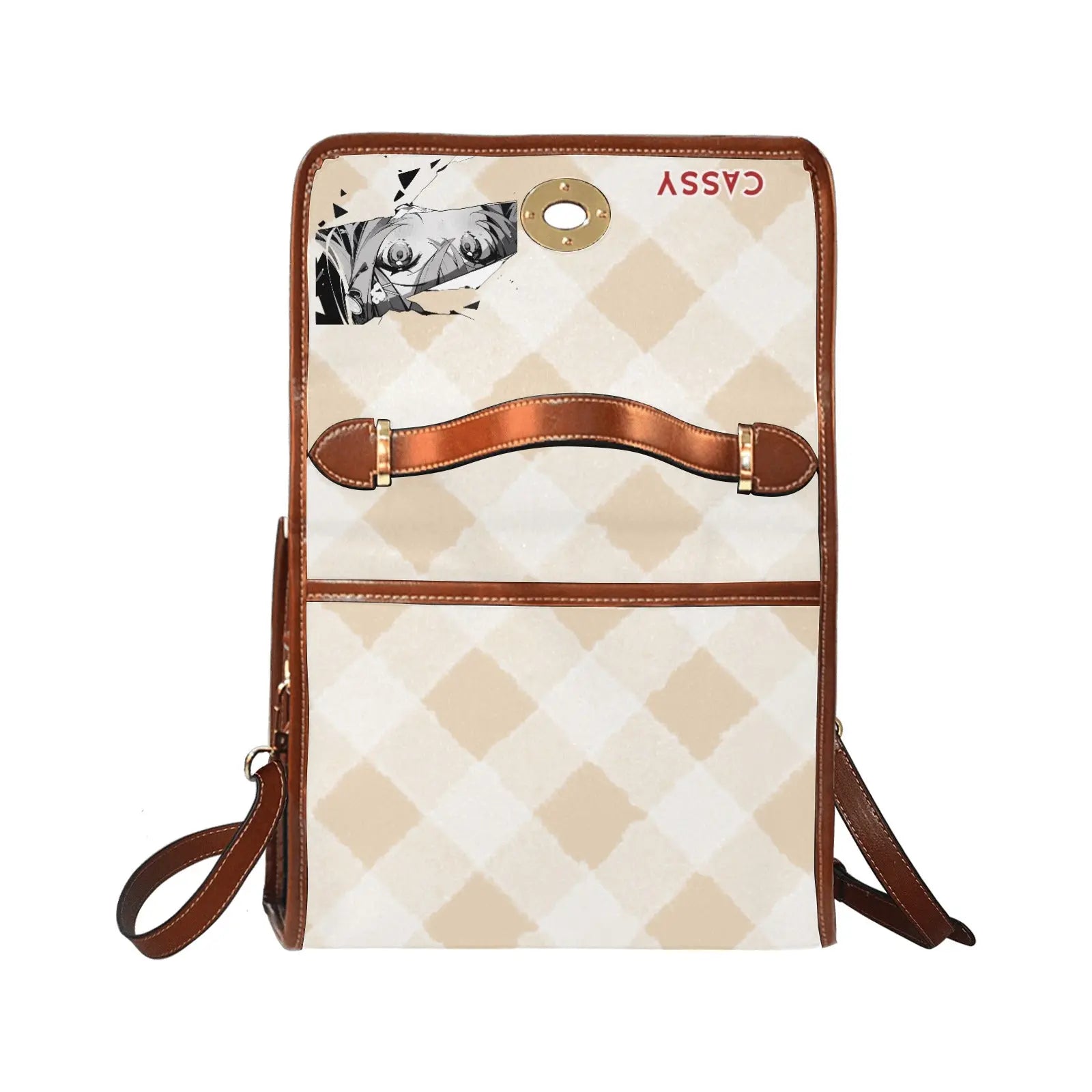 Personalized Waterproof Canvas Shoulder Strap Bag Tartan Brown Anime - Piryoung Shop