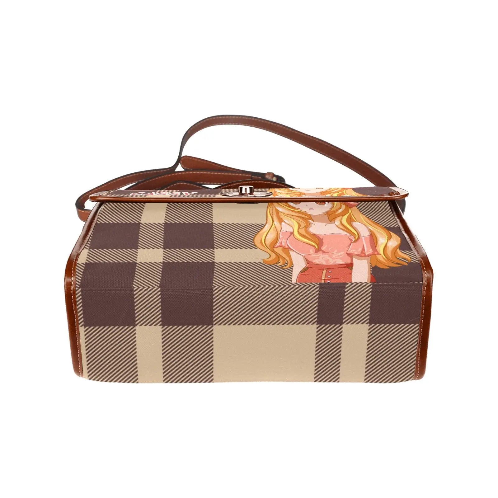 Personalized Waterproof Canvas Shoulder Strap Bag Tartan Brown Anime - Piryoung Shop