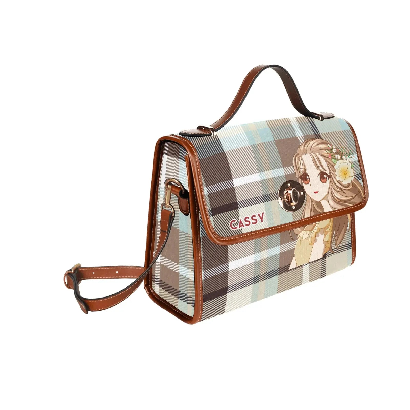 Personalized Waterproof Canvas Shoulder Strap Bag Tartan Brown Anime - Piryoung Shop