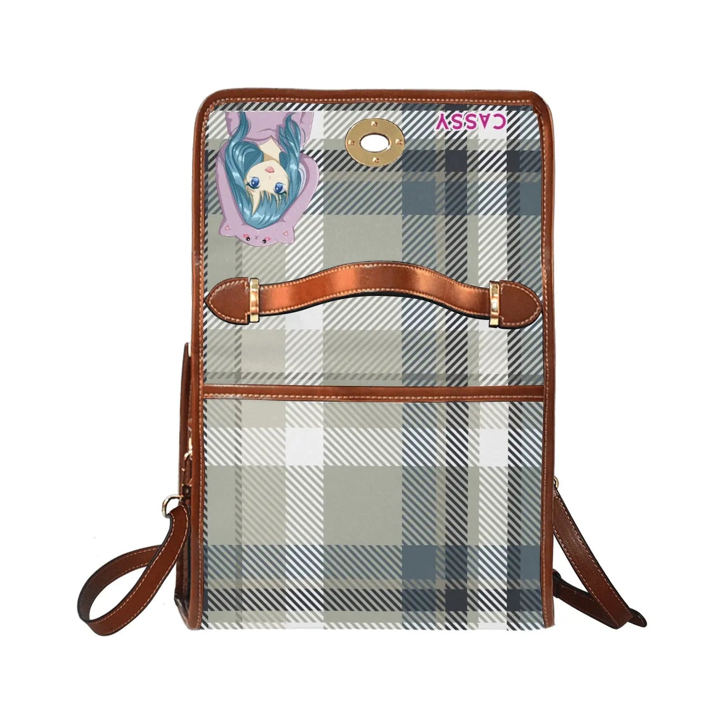 Personalized Waterproof Canvas Shoulder Strap Bag Tartan Brown Anime - Piryoung Shop